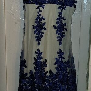 Cream and Blue Embellished Strapless Sheath Dress